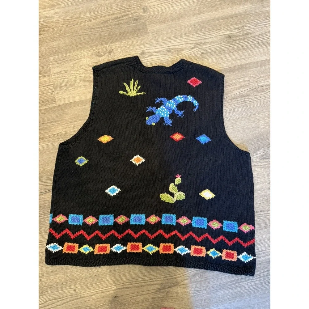 90s Vintage Susan Bristol Lizard Cactus Hand Knit Vest Colorful Women Size 2W